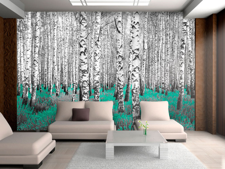 Wall Mural Emerald Asylum - Abstract Forest Landscape with Birch Trees and an Accent 60518