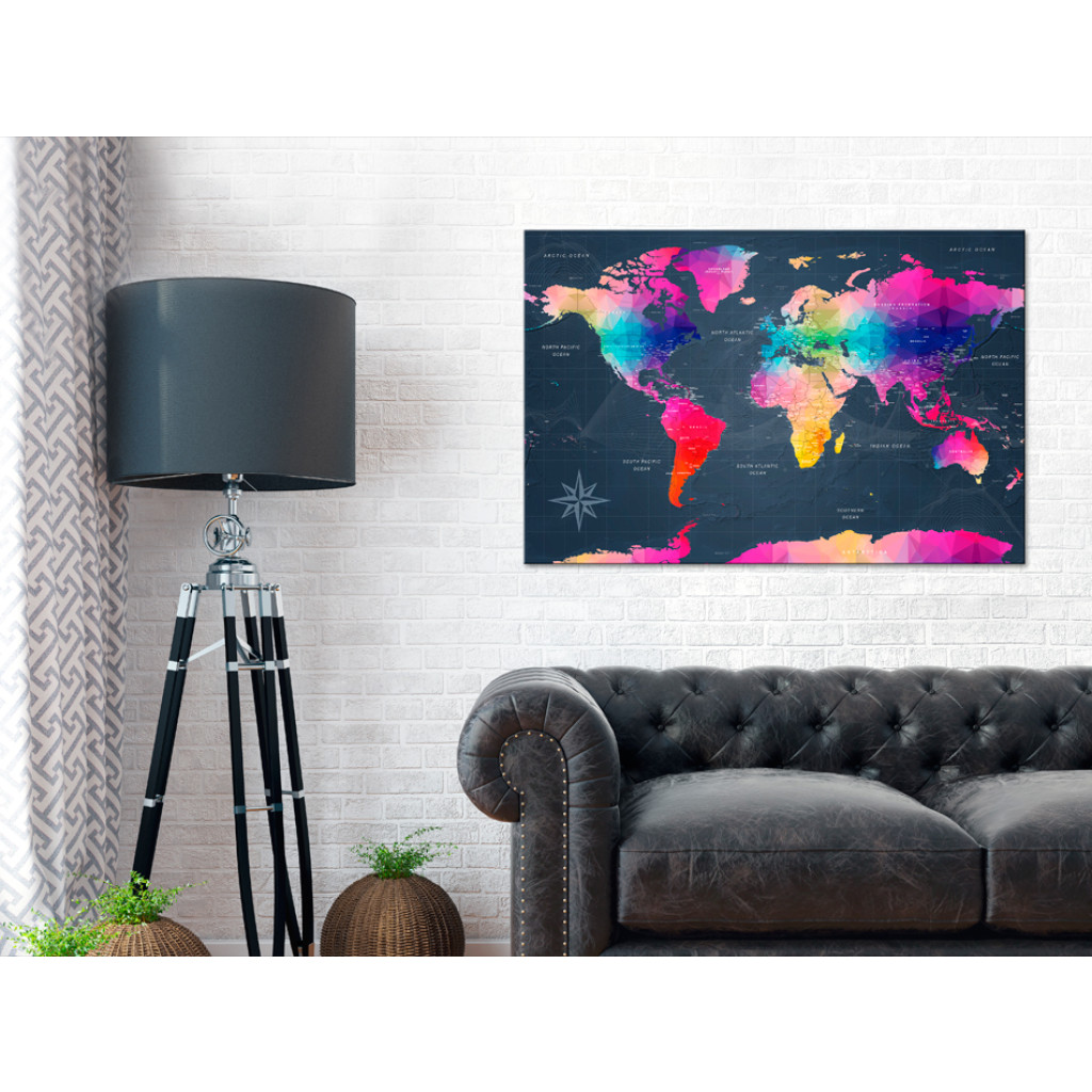 Schilderij  Kaarten Van De Wereld: Geometrische Continenten (1-delig) - Kleurrijke Wereldkaart En Teksten