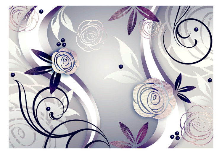 Carta da parati moderna Rose Argento - sfondo beige con fiori e sottili ornamenti e fiocchi 97118 additionalImage 1