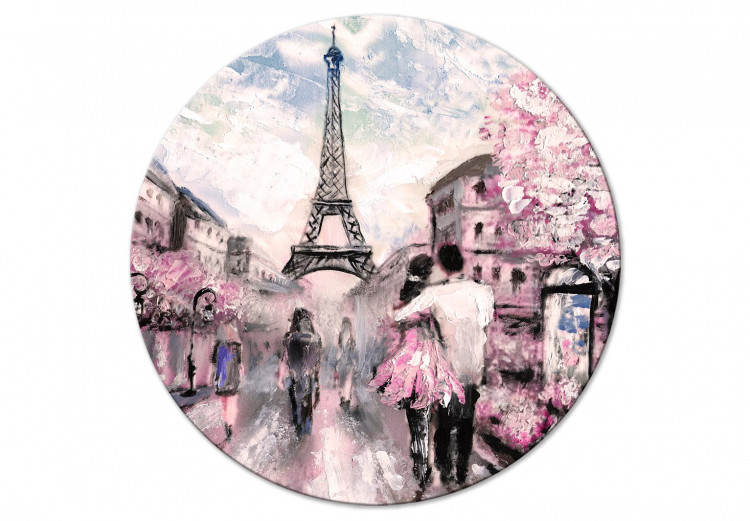 Okrągły obraz Paryski spacer - malowany pejzaż z idącą parę na tle wieży Eiffla 148728