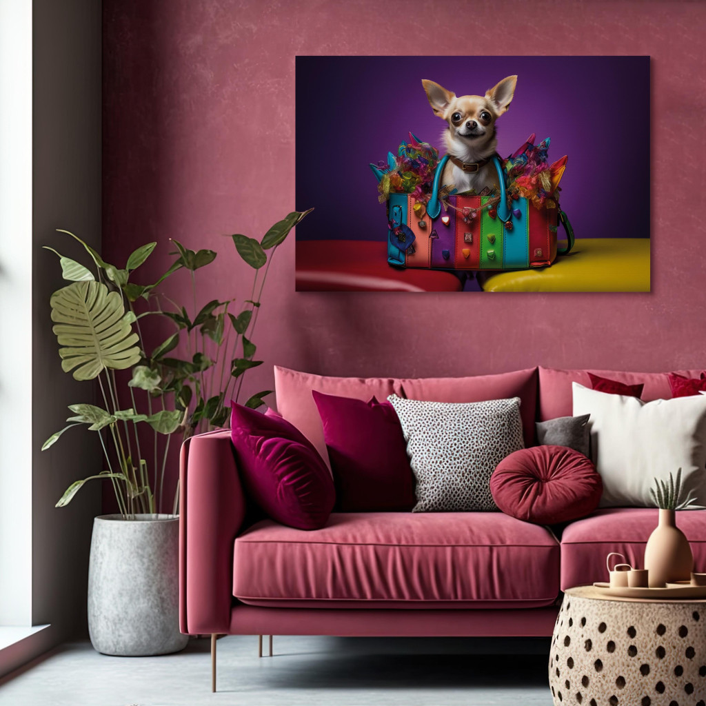 Obraz AI Pies Chihuahua - Malutki Zwierzak W Kolorowej Torebce - Pioziomy