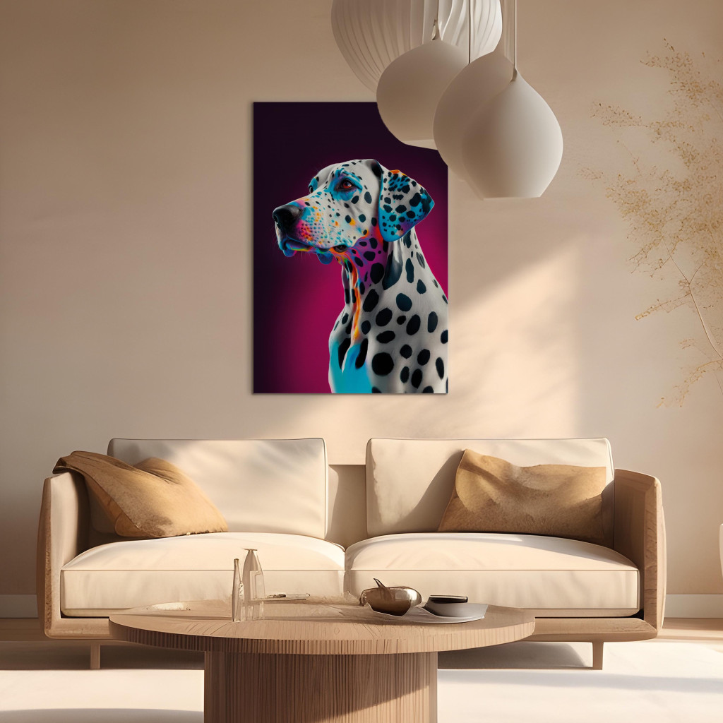 Schilderij  Honden: AI Dalmatian Dog - Spotted Animal In A Pink Room - Vertical