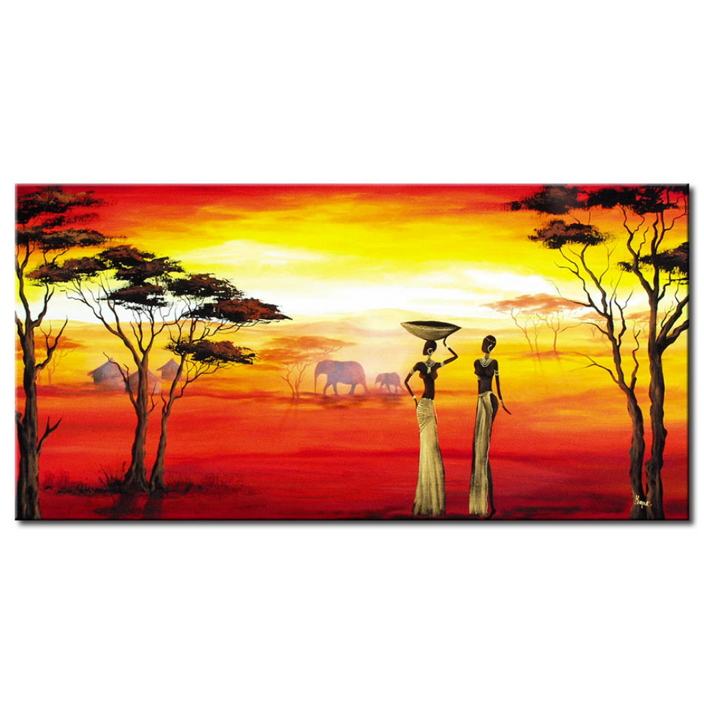 Quadro Pintado Paisagem (1 Parte) - Mulheres Em Uma Paisagem Africana Com Elefantes