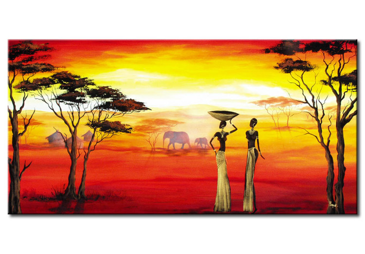 Canvas Print Landscape (1-piece) - Women against African nature background with elephants 47828