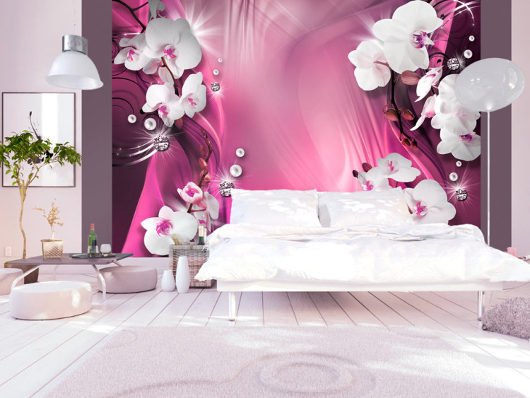 Fototapeta Różowa kompozycja - białe orchidee i perły na różowym tle z deseniami