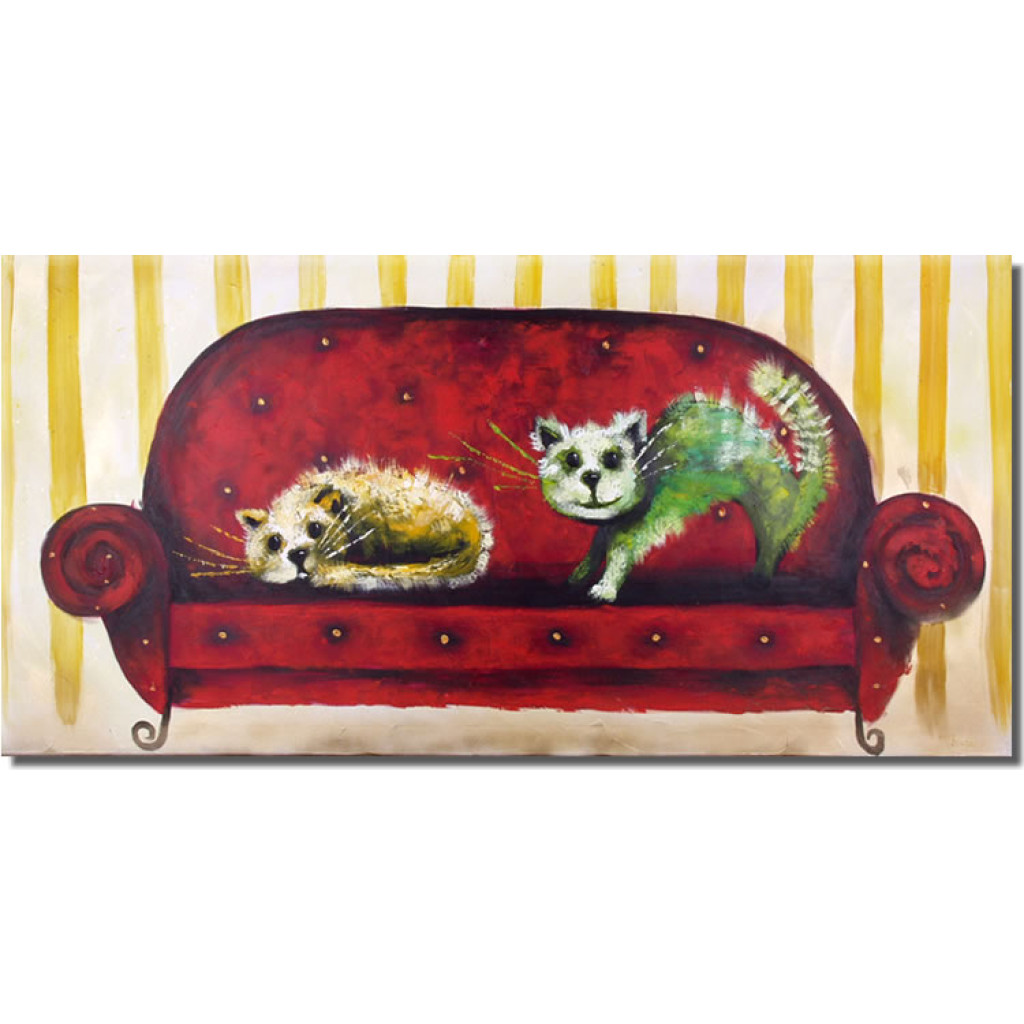 Quadro Pintado Gatos Em Um Sofá Vermelho