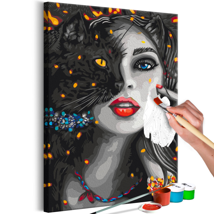 Obraz do malowania po numerach Piękne oczy -  kobieta z czerwonymi ustami i kot z niebieską obrożą 144138 additionalImage 6