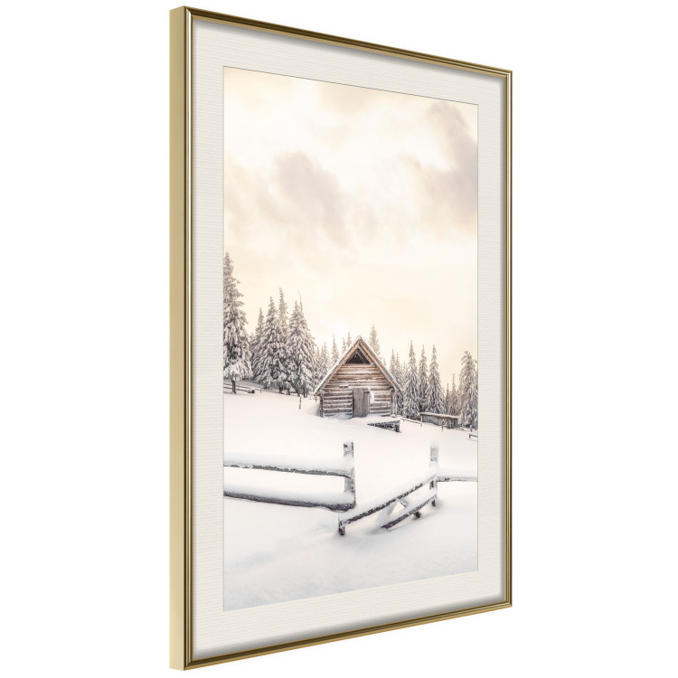 Plakat Zimowa chata - pejzaż wschodu słońca nad górskim domkiem i lasem 148038 additionalImage 15