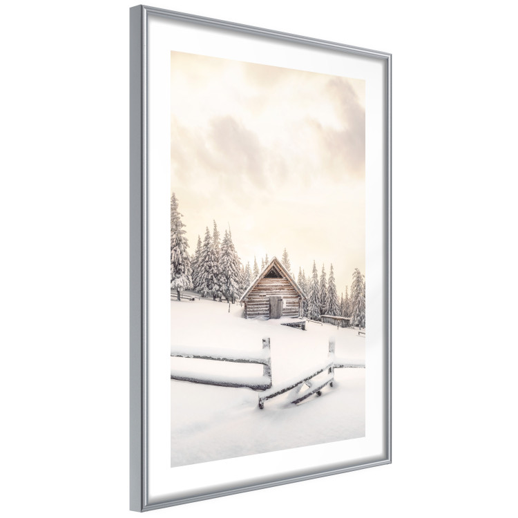 Plakat Zimowa chata - pejzaż wschodu słońca nad górskim domkiem i lasem 148038 additionalImage 29