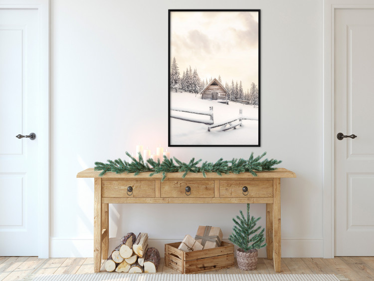 Plakat Zimowa chata - pejzaż wschodu słońca nad górskim domkiem i lasem 148038 additionalImage 20