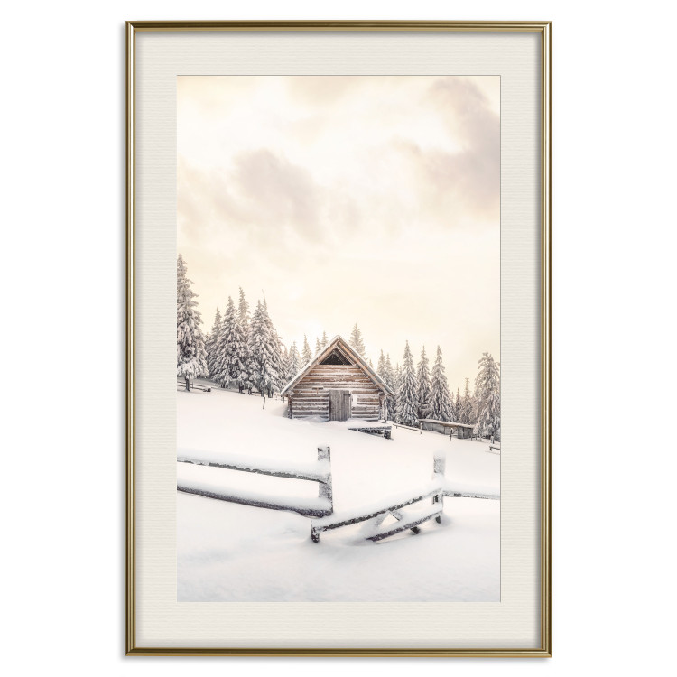 Plakat Zimowa chata - pejzaż wschodu słońca nad górskim domkiem i lasem 148038 additionalImage 38