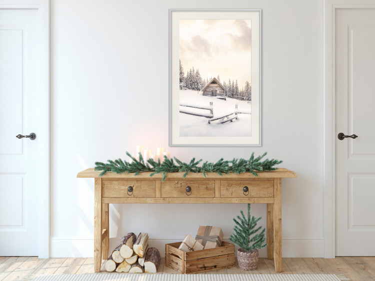 Plakat Zimowa chata - pejzaż wschodu słońca nad górskim domkiem i lasem 148038 additionalImage 19