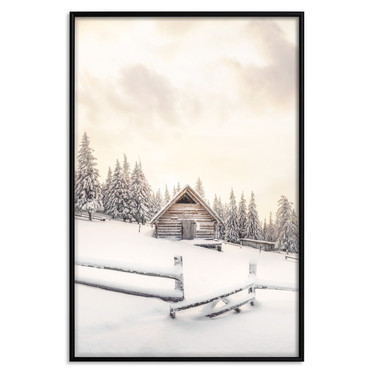 Plakat Zimowa chata - pejzaż wschodu słońca nad górskim domkiem i lasem 148038 additionalImage 37
