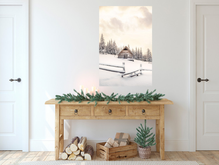 Plakat Zimowa chata - pejzaż wschodu słońca nad górskim domkiem i lasem 148038 additionalImage 11