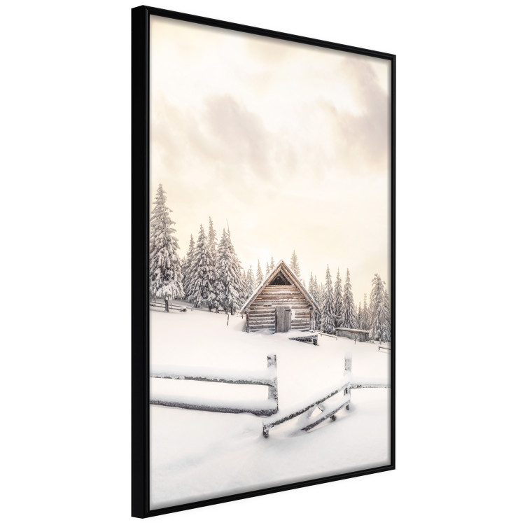 Plakat Zimowa chata - pejzaż wschodu słońca nad górskim domkiem i lasem 148038 additionalImage 9