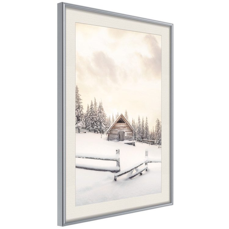 Plakat Zimowa chata - pejzaż wschodu słońca nad górskim domkiem i lasem 148038 additionalImage 7