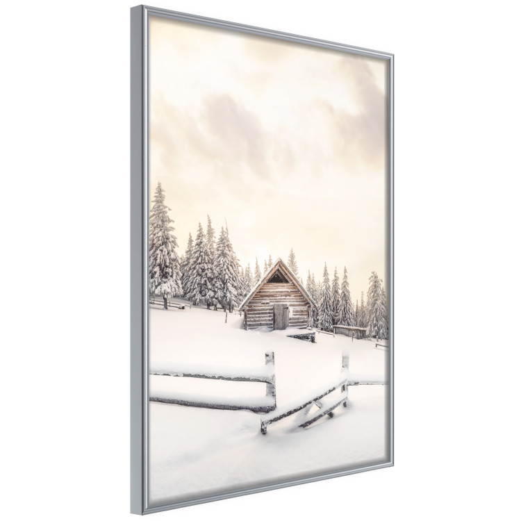 Plakat Zimowa chata - pejzaż wschodu słońca nad górskim domkiem i lasem 148038 additionalImage 21