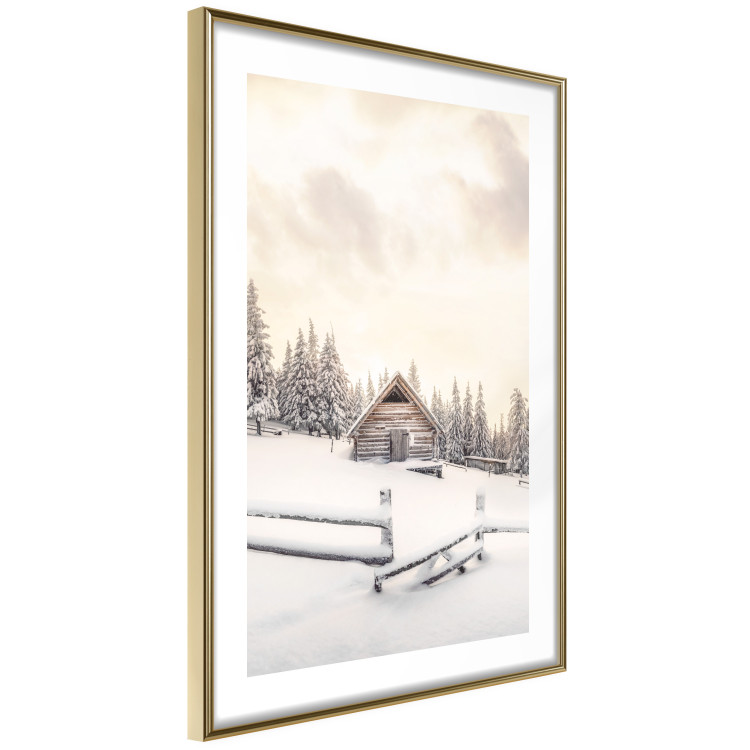 Plakat Zimowa chata - pejzaż wschodu słońca nad górskim domkiem i lasem 148038 additionalImage 2