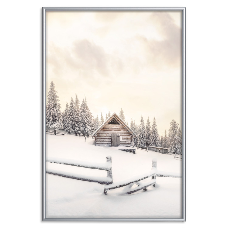 Plakat Zimowa chata - pejzaż wschodu słońca nad górskim domkiem i lasem 148038 additionalImage 40