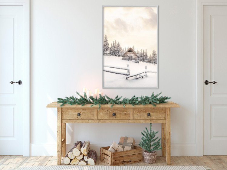 Plakat Zimowa chata - pejzaż wschodu słońca nad górskim domkiem i lasem 148038 additionalImage 17
