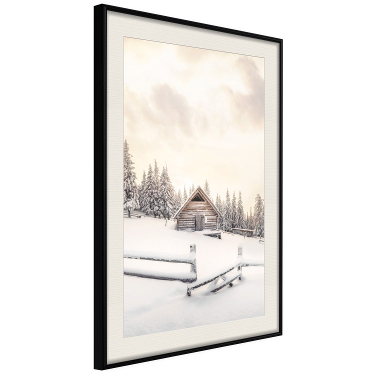 Plakat Zimowa chata - pejzaż wschodu słońca nad górskim domkiem i lasem 148038 additionalImage 5