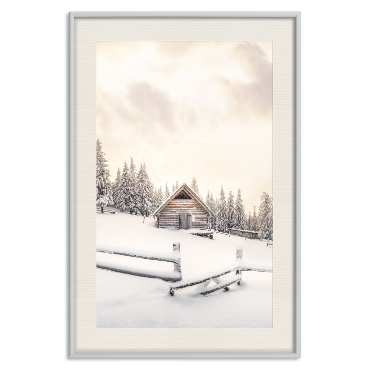 Plakat Zimowa chata - pejzaż wschodu słońca nad górskim domkiem i lasem 148038 additionalImage 36