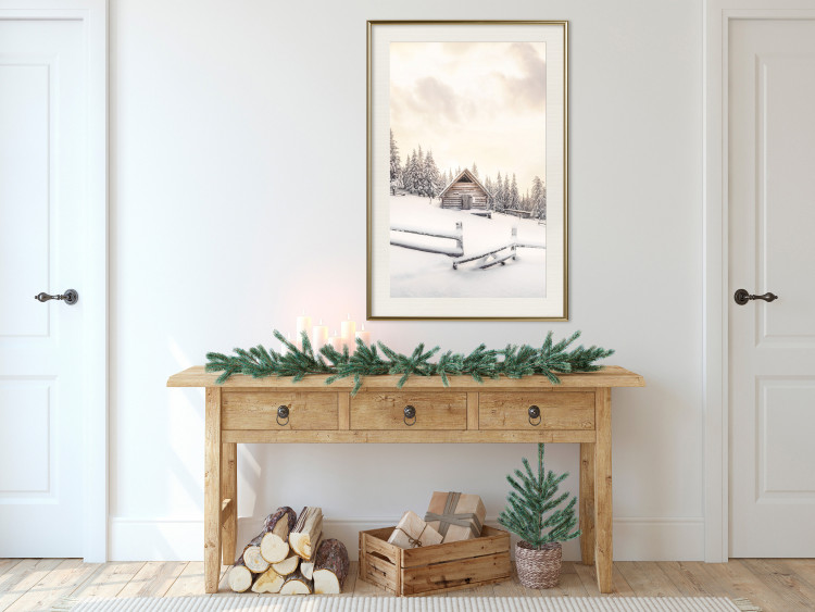 Plakat Zimowa chata - pejzaż wschodu słońca nad górskim domkiem i lasem 148038 additionalImage 34
