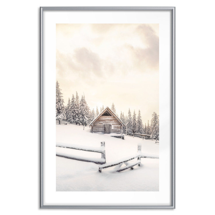 Plakat Zimowa chata - pejzaż wschodu słońca nad górskim domkiem i lasem 148038 additionalImage 43