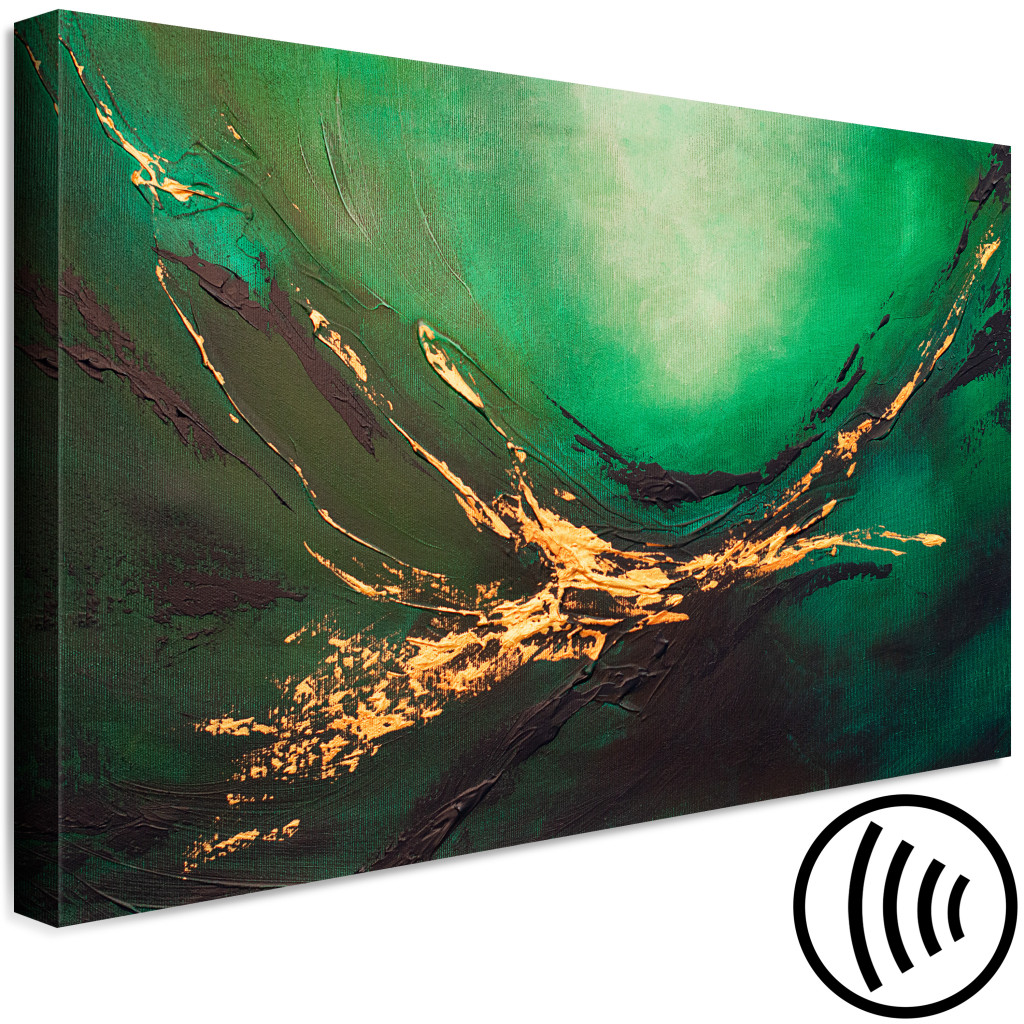 Schilderij  Abstract: Painted Abstraction - Streaks Of Black And Gold Against A Deep Green Background