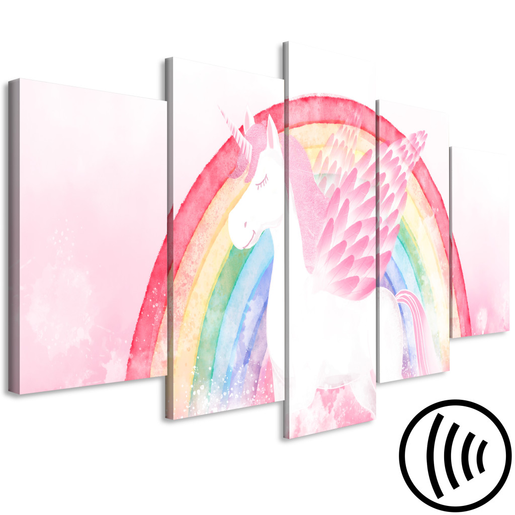 Schilderij  Voor Kinderen: The Pink Power Of The Unicorn - A Winged Animal Against A Rainbow Background