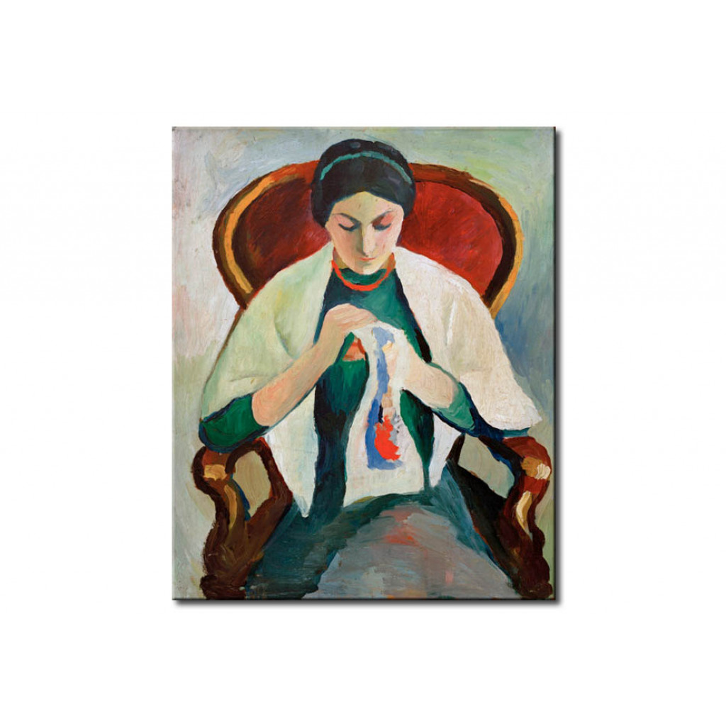 Schilderij  August Macke: Stickende Frau Am Sessel: Porträt Der Frau Des Künstlers