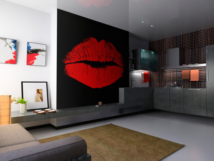 Fototapeta Zmysłowy pocałunek - czerwone kobiece usta ze szminki na czarnym tle 61238