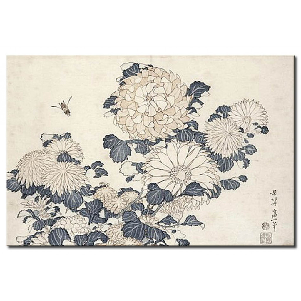Schilderij  Hokusai Katsushika: Bee And Chrysanthemums, From The Series 'Big Flowers'