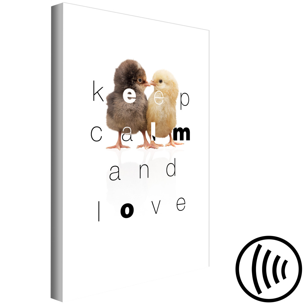 Obraz Napis Po Angielsku Keep Calm And Love - Kompozycja Z Dwoma Kurczakami