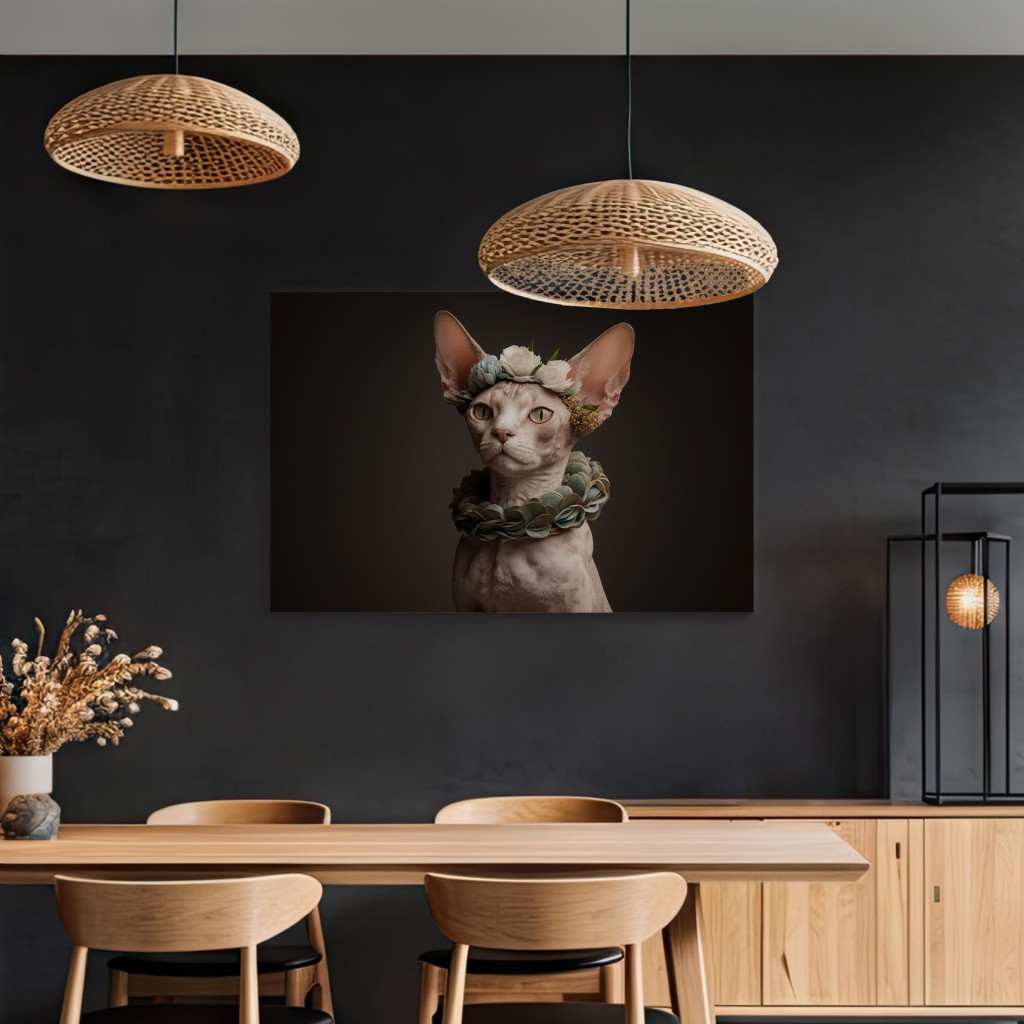 Pintura Em Tela AI Sphinx Cat - Animal Portrait With Long Ears And Plant Jewelry - Horizontal