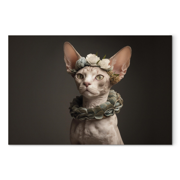 Canvas AI Sphinx Cat - Animal Portrait With Long Ears and Plant Jewelry - Horizontal 150148
