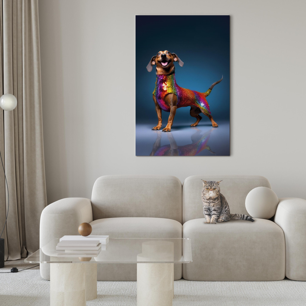 Obraz AI Pies Jamnik - Uśmiechnięty Zwierzak W Kolorowym Przebraniu - Pionowy