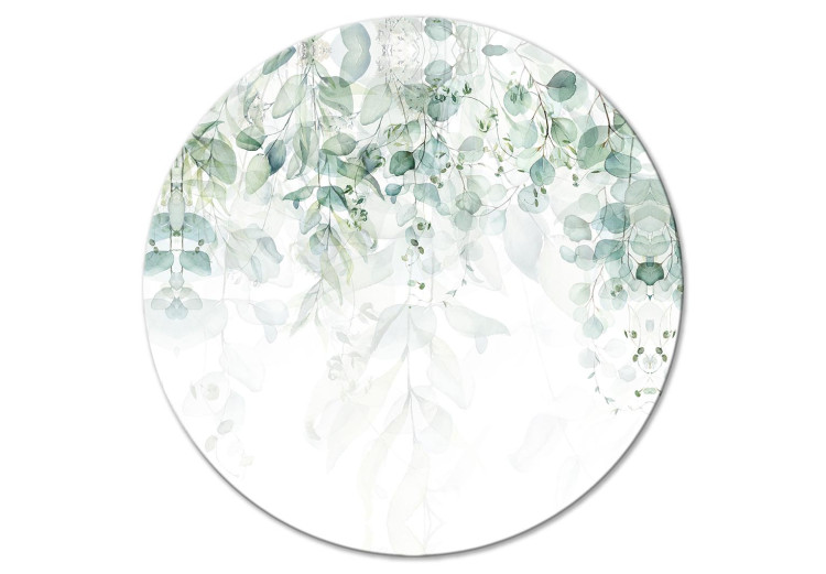 Okrągły obraz Kaskada zieleni - delikatne gałązki pełne listków na białym tle