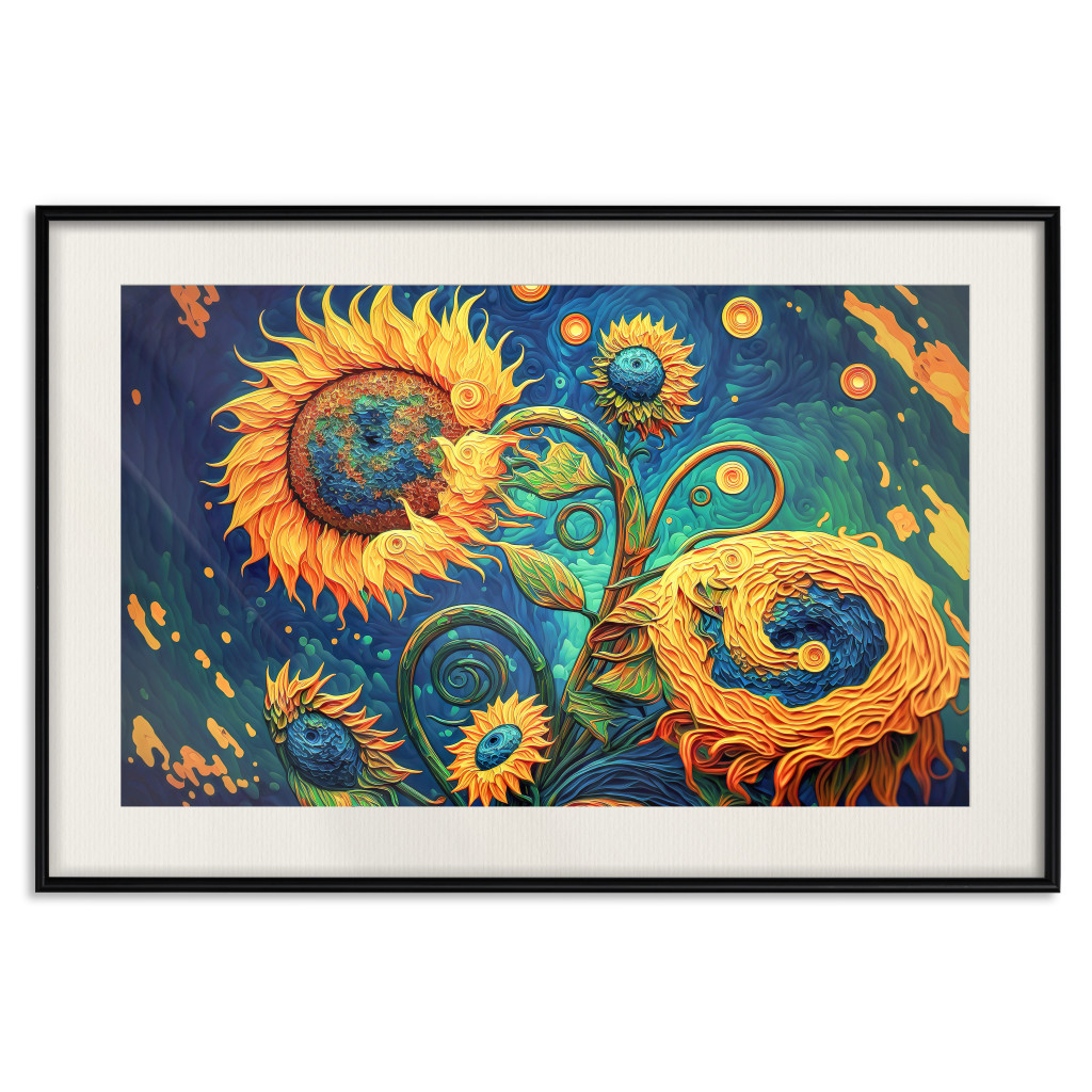 Plakat: Słoneczniki W Nocy - Kompozycja Z Kwiatów Inspirowana Stylem Van Gogha