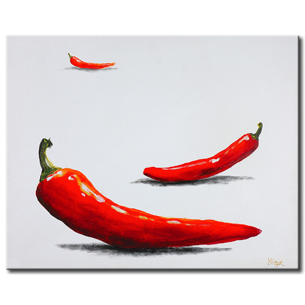 Schilderij  Keuken: Paprika (1-delig) - Drie Rode Chilipepers Op Een Grijze Achtergrond
