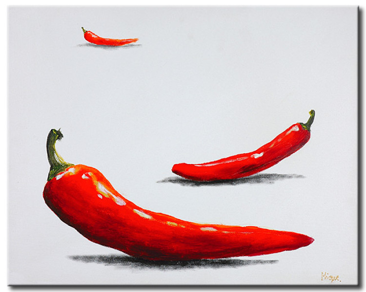 Leinwandbilder Paprika (1-teilig) - Wandbilder Hintergrund Drei Chilischoten auf Stillleben rote - grauem 