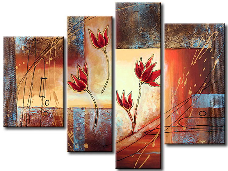 Tableau mural Tulipes (4 pièces) - Coquelicots abstraits rouges avec motifs 47148