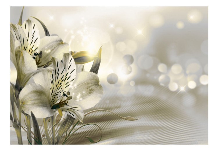 Wall Mural Green dawn - lily flowers in morning glow on striped background 81948 additionalImage 1