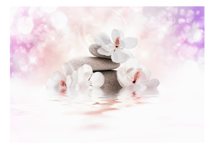 Fototapeta Orient - motyw kwiatów magnolii z kamieniami zen na fioletowym tle 87848 additionalImage 1