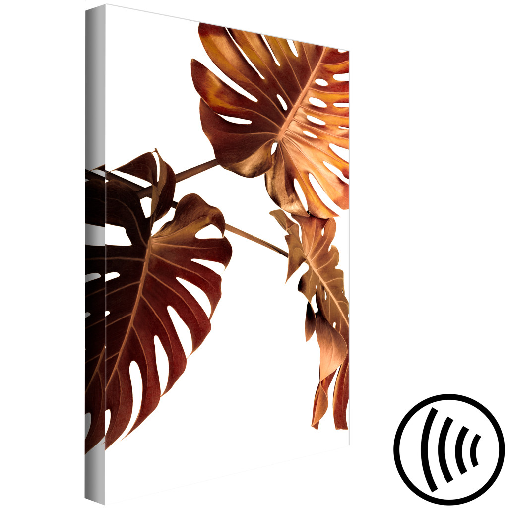 Konst Monstery Leaves - Botanisk Komposition Med Tre Gyllene Monstery Leaves På En Vit Bakgrund