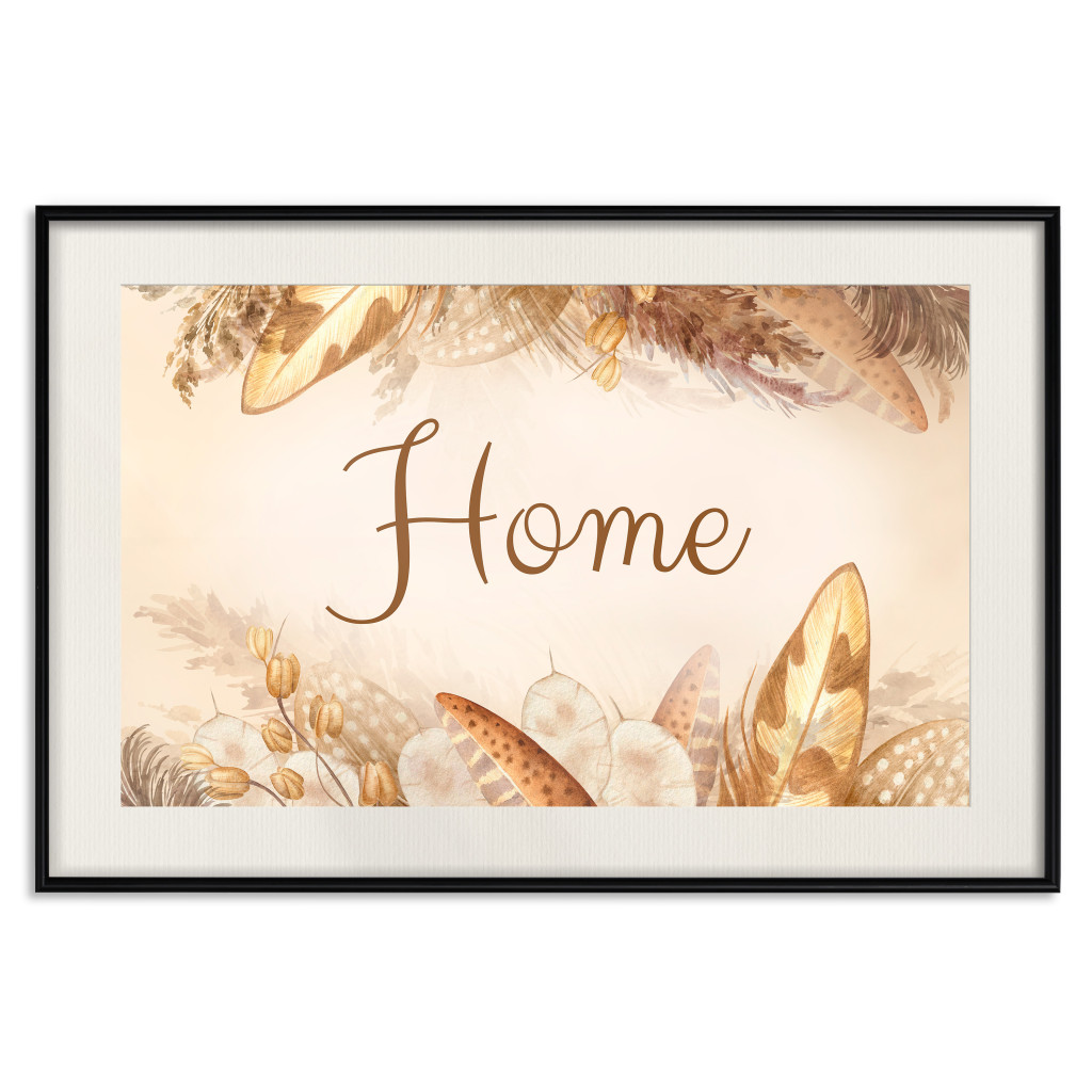 Muur Posters Home - Inscription Among Dried Plants And Feathers In Warm Boho Shades
