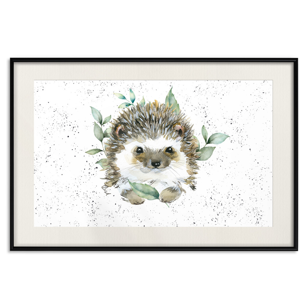 Muur Posters Hedgehog - Cute Painted Animals And Plants On A Polka Dot Background