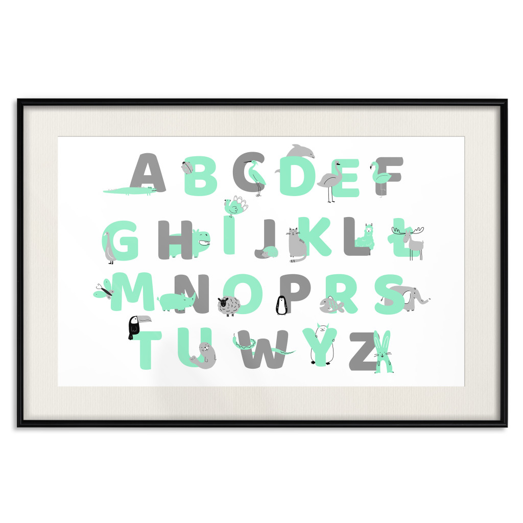 Muur Posters Polish Alphabet For Children - Gray And Mint Letters With Animals