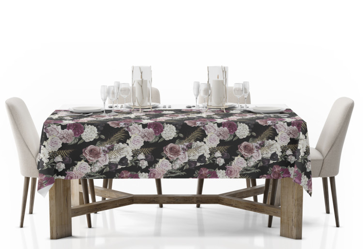 Obrus na stół Mistyczny bukiet - kompozycja kwiatów róż i hortensji na czarnym tle 147258 additionalImage 2