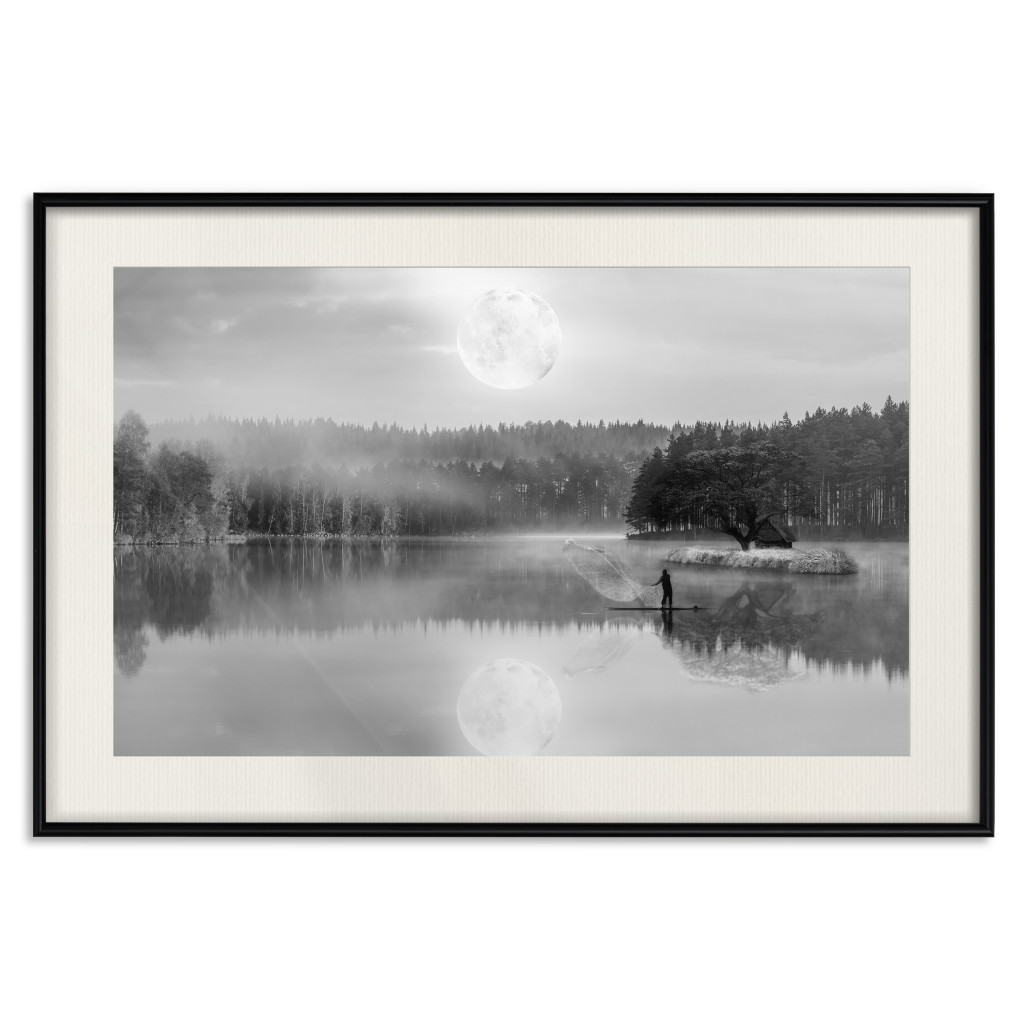 Muur Posters Night Landscape - Lake Illuminated By The Moonlight In Black And White